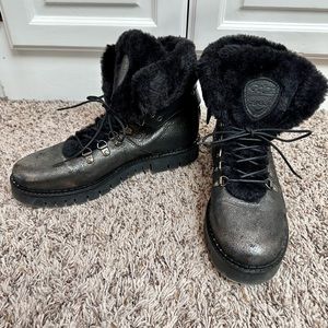 Pajar Penny Leather Lace Up Combat Boots Faux Fur Metallic Size 9